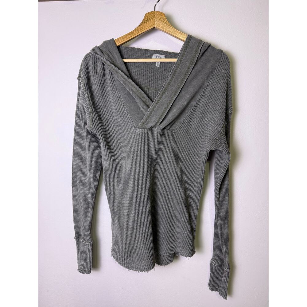 BKE Olive Green Waffle Knit Hooded Top Raw Hem  Boho Medium - Picture 2 of 6
